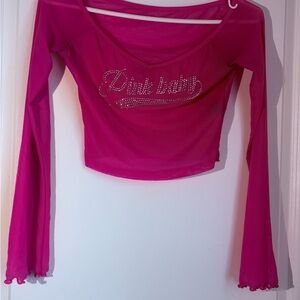 SHEIN Fitted White and Pink Long Sleeve Crop Blouse